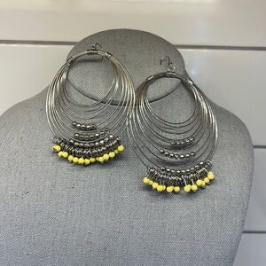 Bohemian Multi Hoop Large Silver Tone Earrings with Yellow Beads and Dangles